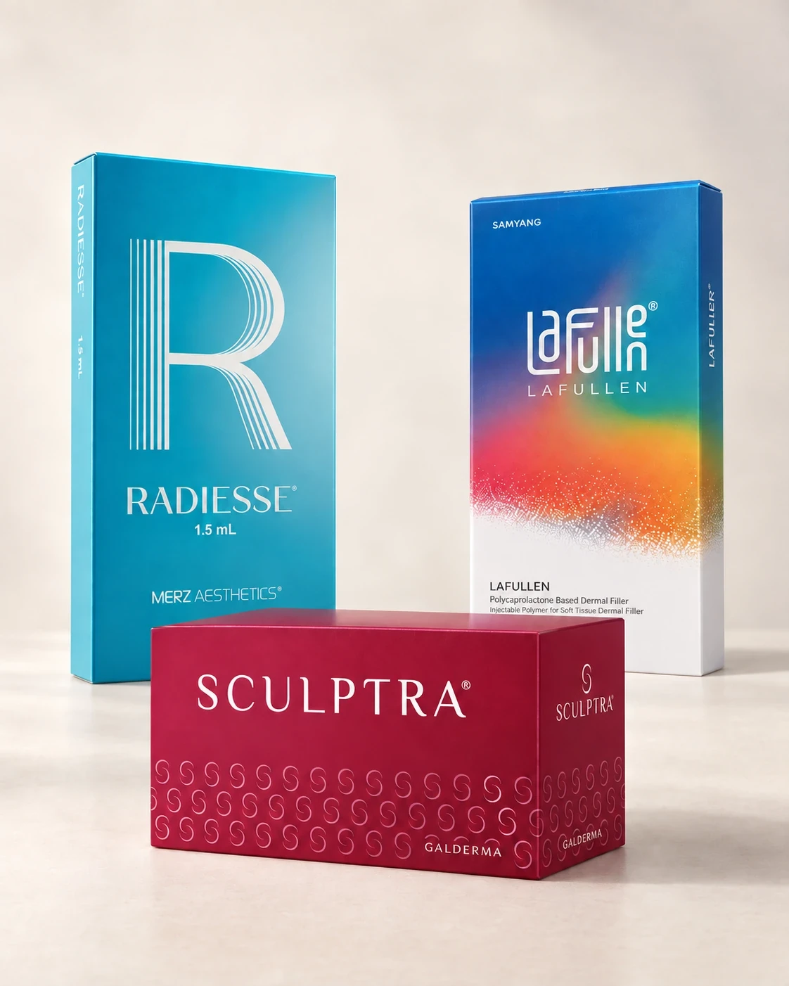 Radiesse、LaFullen与Sculptra产品合影，分别采用CaHA、PCL及PLLA成分